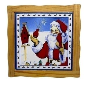 Vintage Ceramic and Wood Tile Trivet Santa with Cardinal